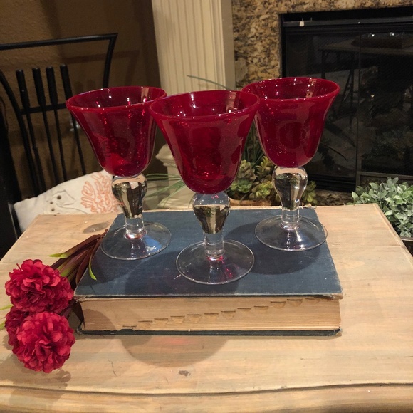 Lot of 3 Ruby Red Glass Goblets - Picture 2 of 3
